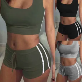 2pcs Fashion Women Sexy Sports Suit Crop Top Shorts 2pcs Outfit Workout Sportwear Summer Women