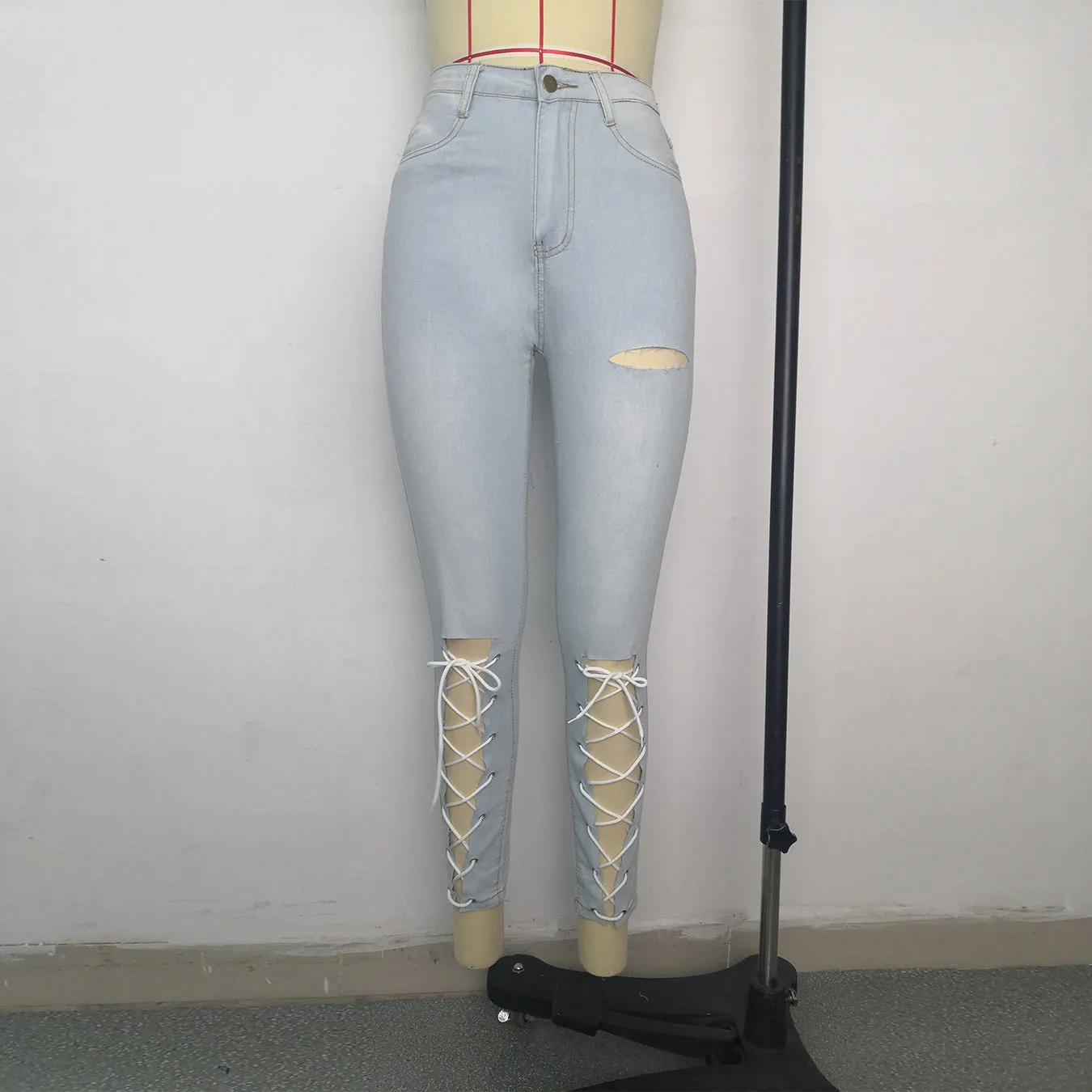 5xl Plus Size Women Jeans Basic Women Skinny Jeans Distressed Bandages Slim Fit Elastic High Waist Ladies' Jeans Fit In Stock