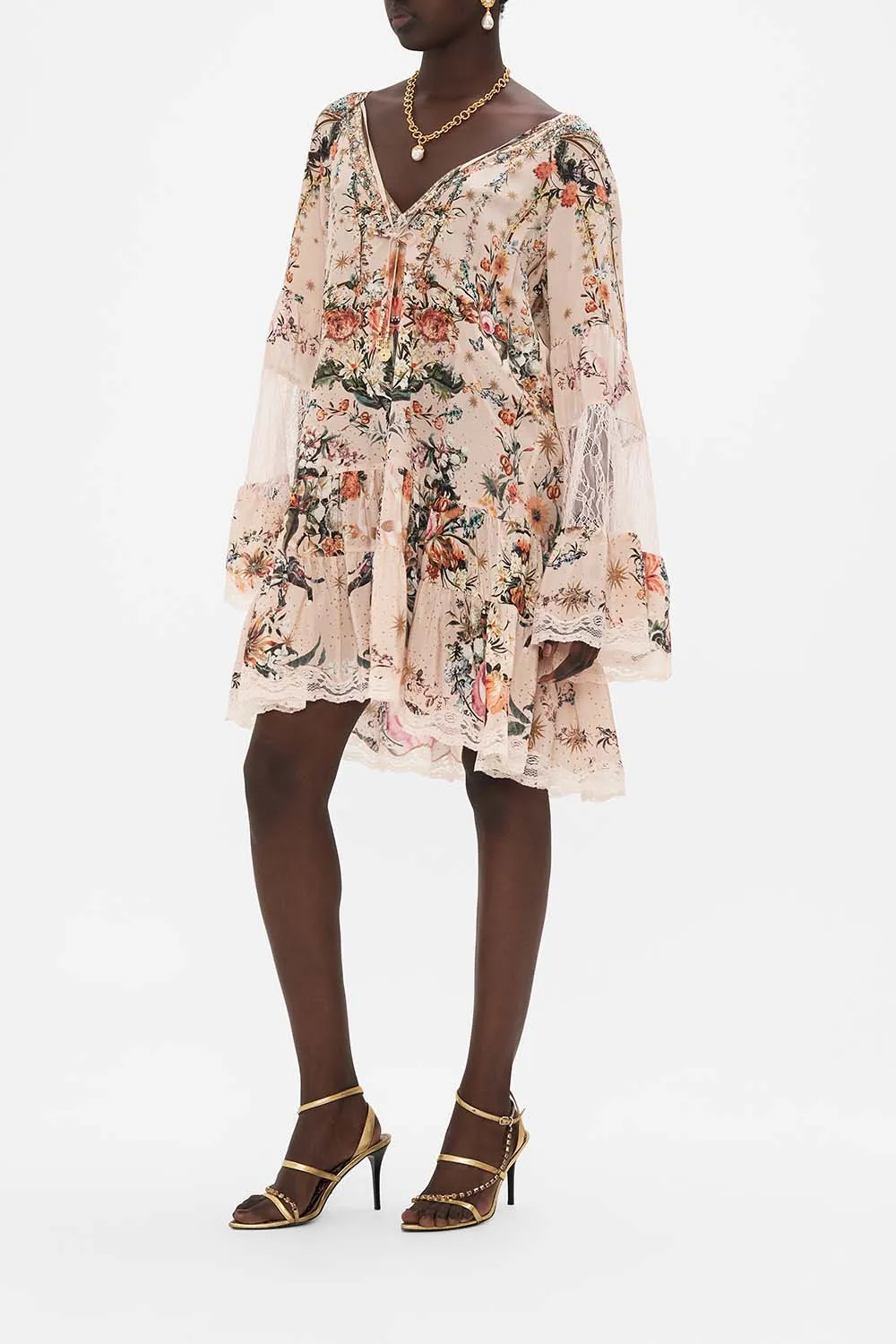 A-LINE GATHERED PANEL DRESS WITH LACE ROSE GARDEN REVOLUTION