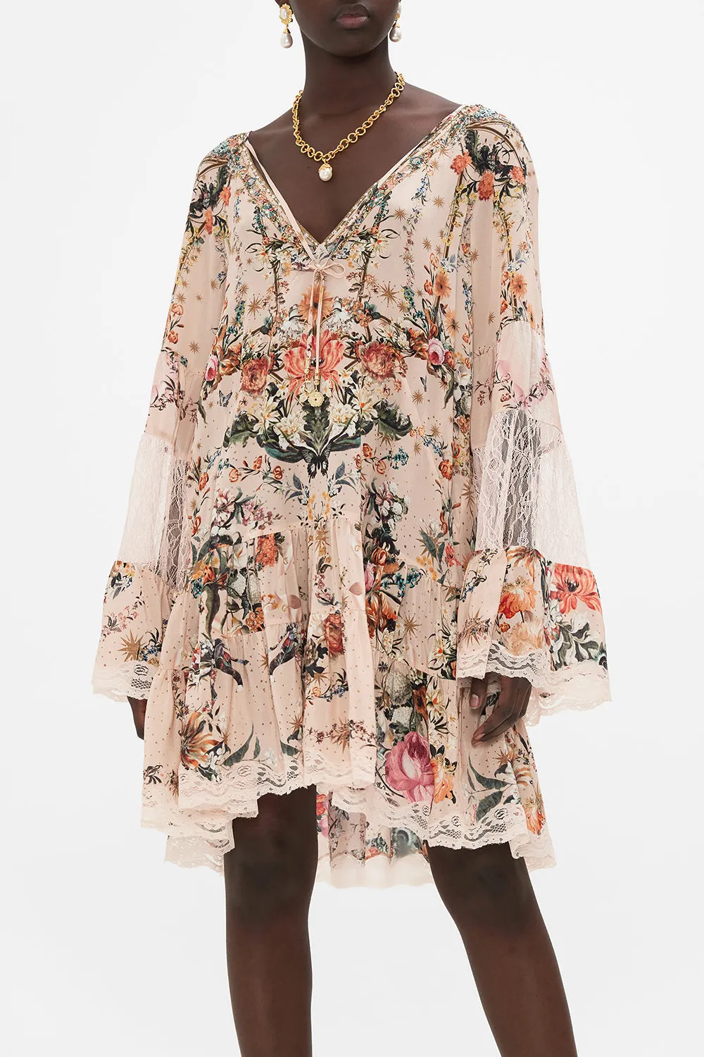 A-LINE GATHERED PANEL DRESS WITH LACE ROSE GARDEN REVOLUTION