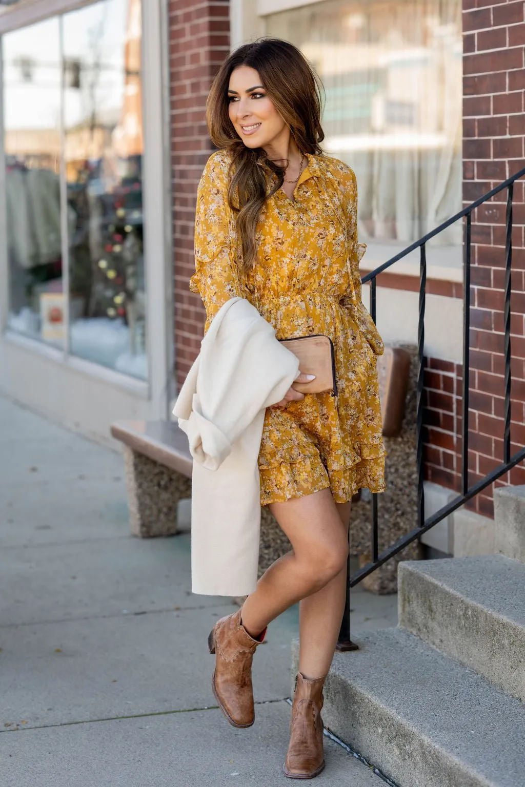 Antique Floral Ruffle Accented Tiered Dress