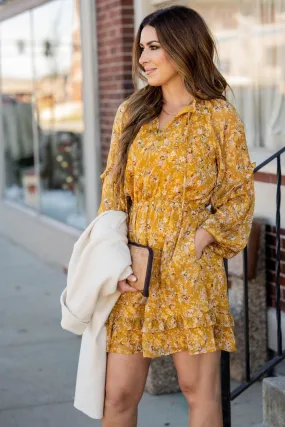 Antique Floral Ruffle Accented Tiered Dress