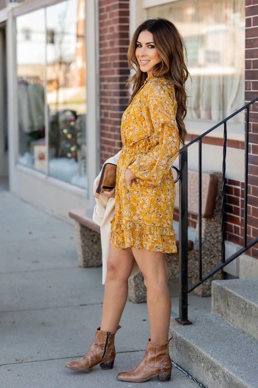 Antique Floral Ruffle Accented Tiered Dress