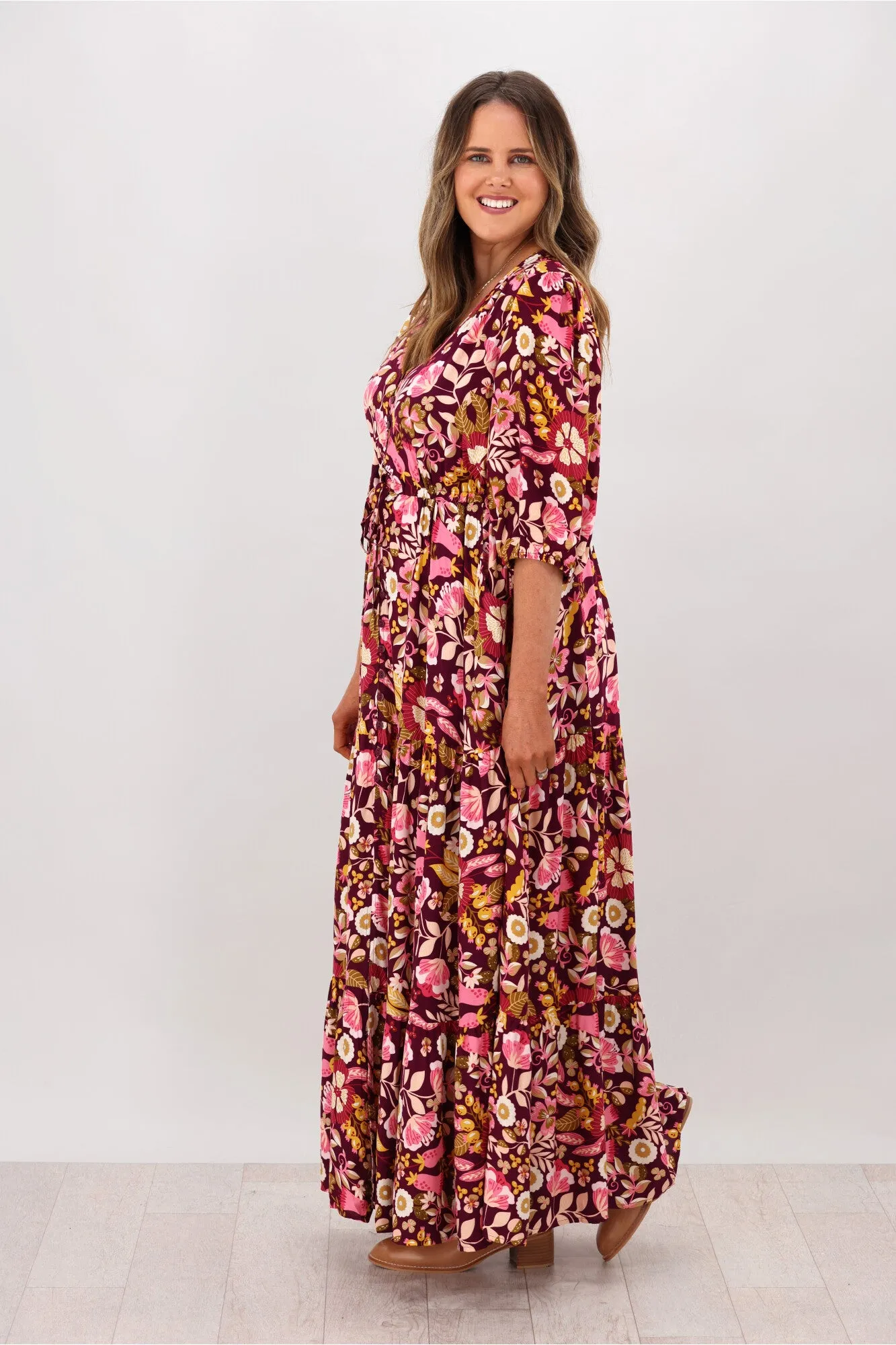 Avamia Mirah V-Neck Maxi Dress Maroon Print