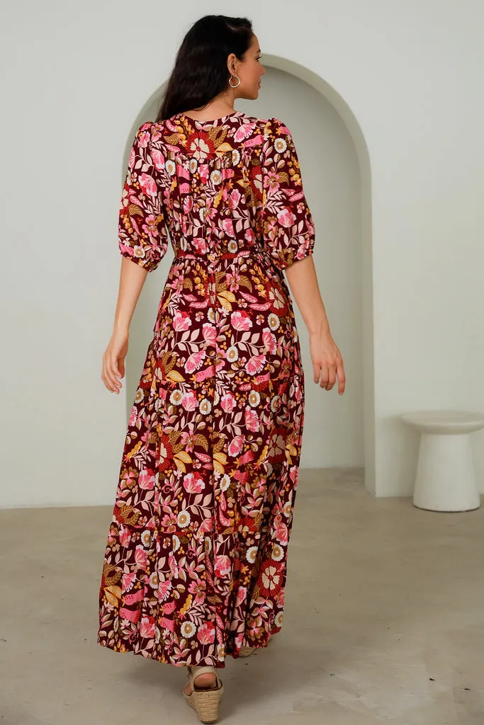 Avamia Mirah V-Neck Maxi Dress Maroon Print