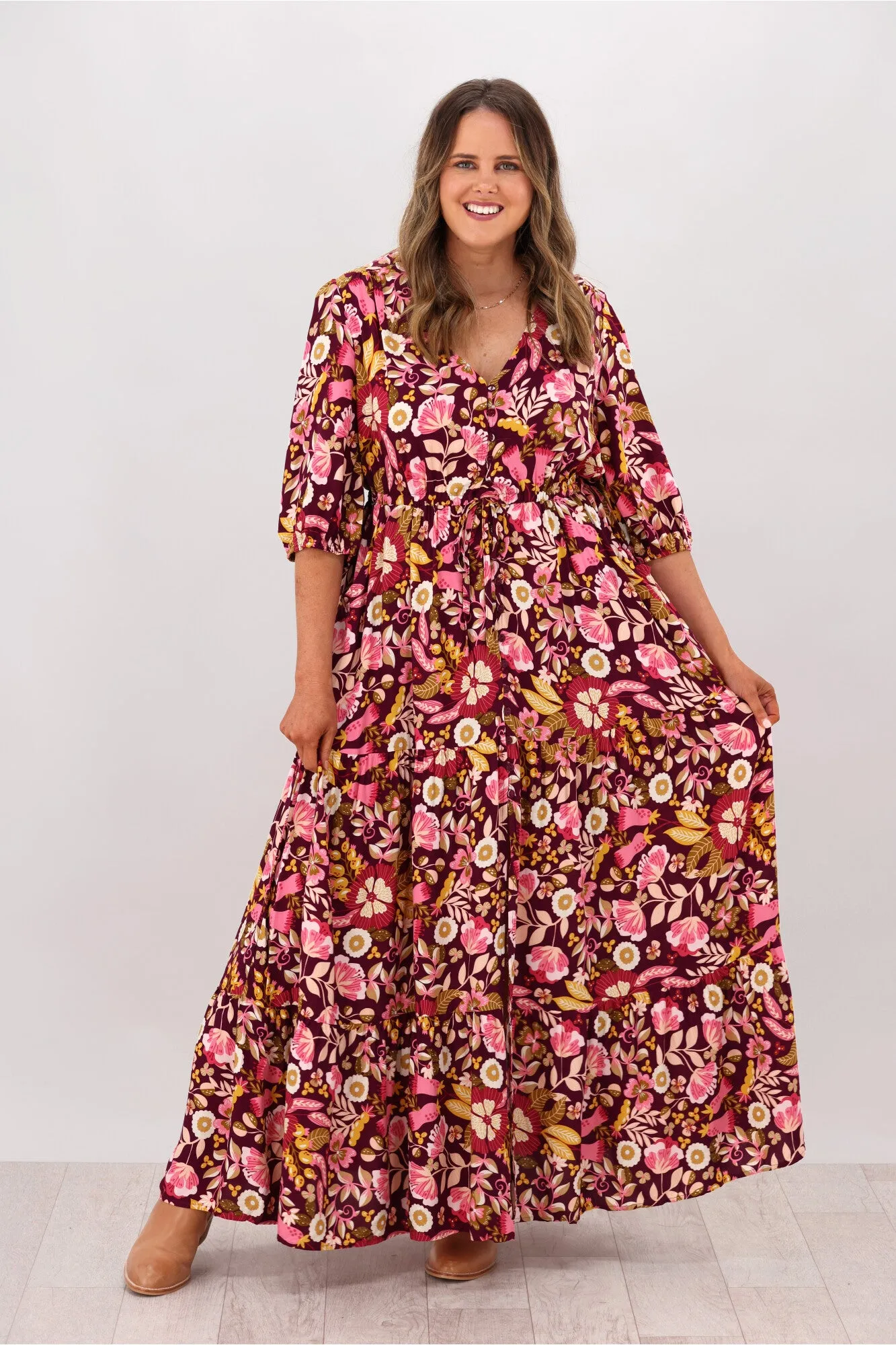 Avamia Mirah V-Neck Maxi Dress Maroon Print