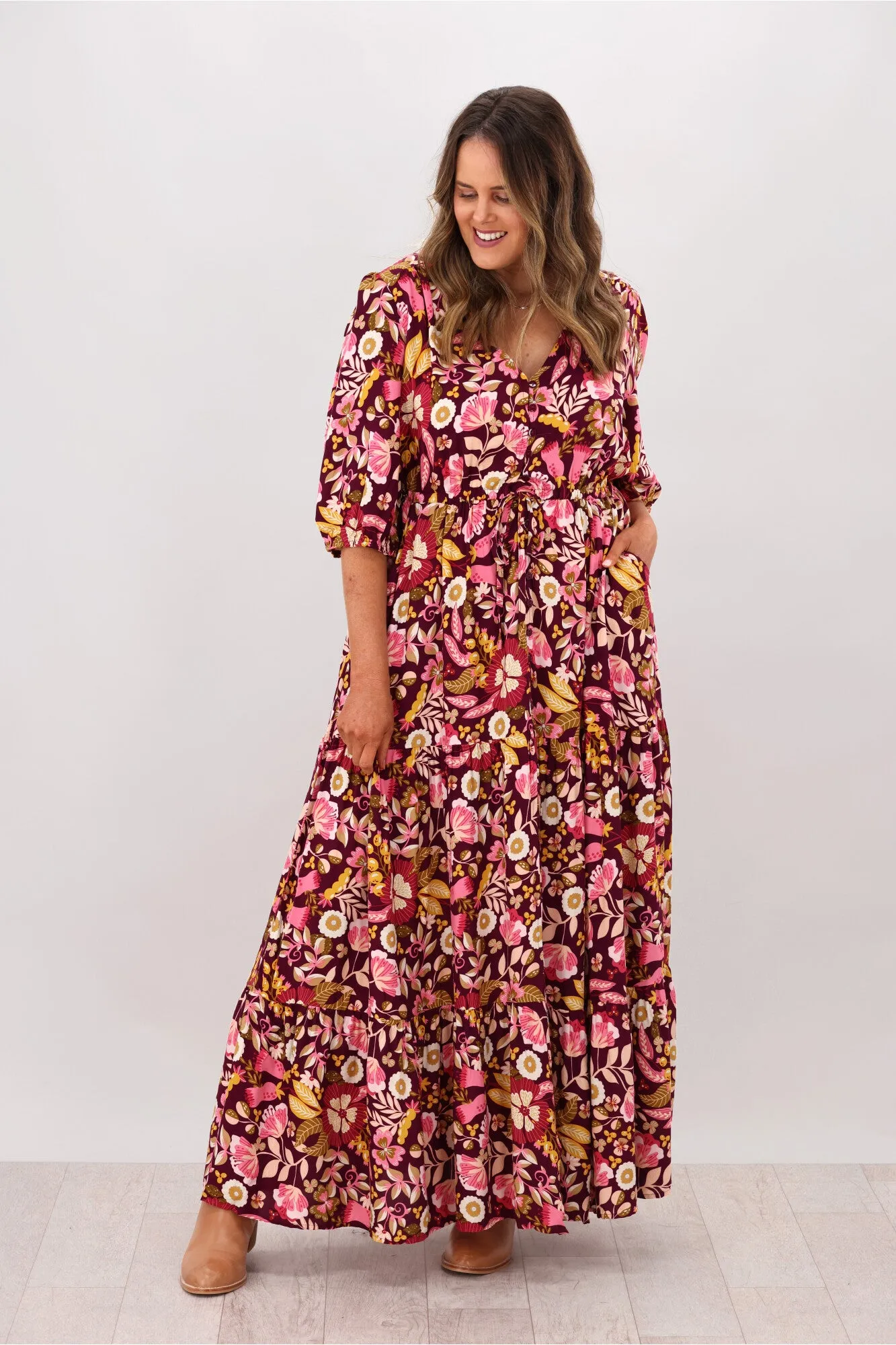 Avamia Mirah V-Neck Maxi Dress Maroon Print