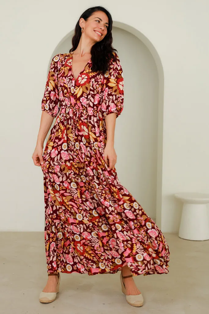 Avamia Mirah V-Neck Maxi Dress Maroon Print