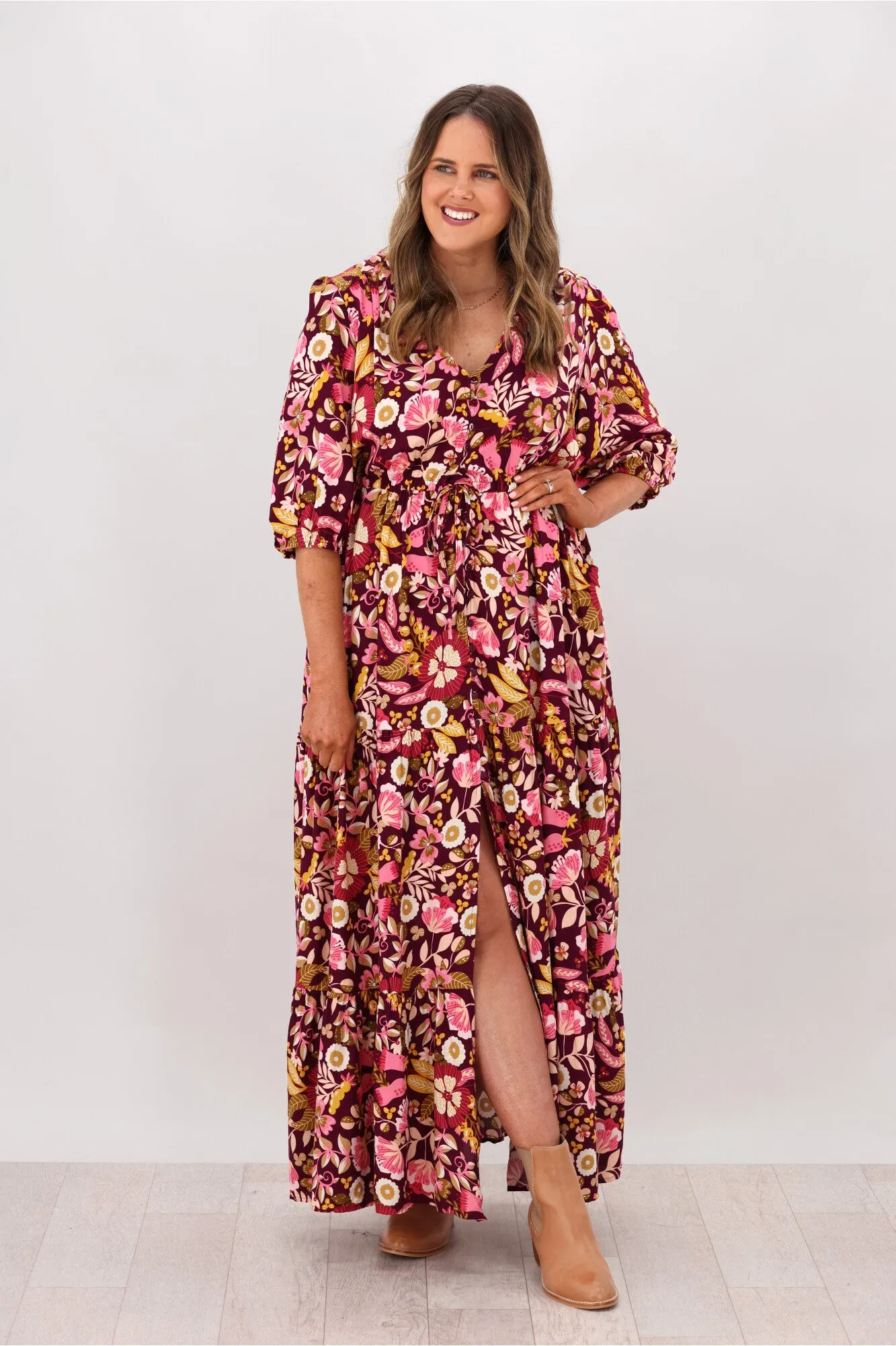 Avamia Mirah V-Neck Maxi Dress Maroon Print