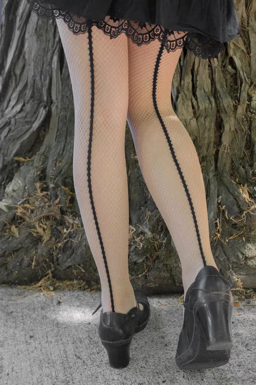 Backseam Fishnet Stockings with Stay Up Lace Top