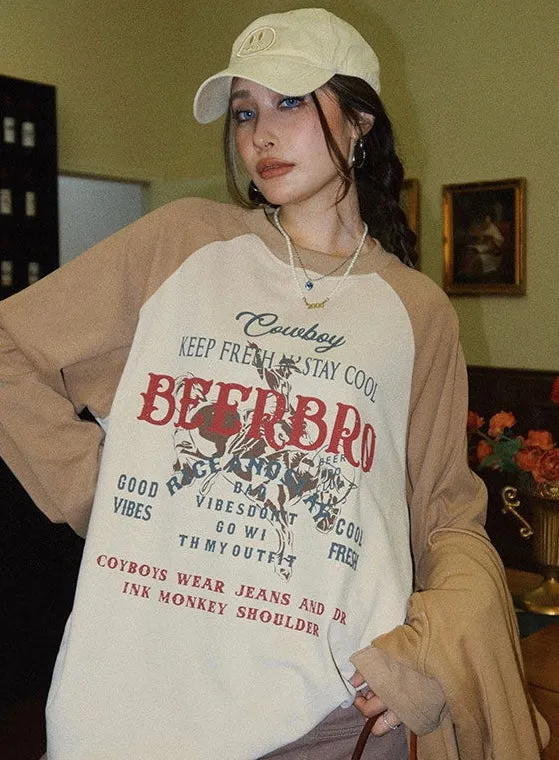 BEERBRO Graphic Letter Print Patchwork Long Sleeve Sweatshirt