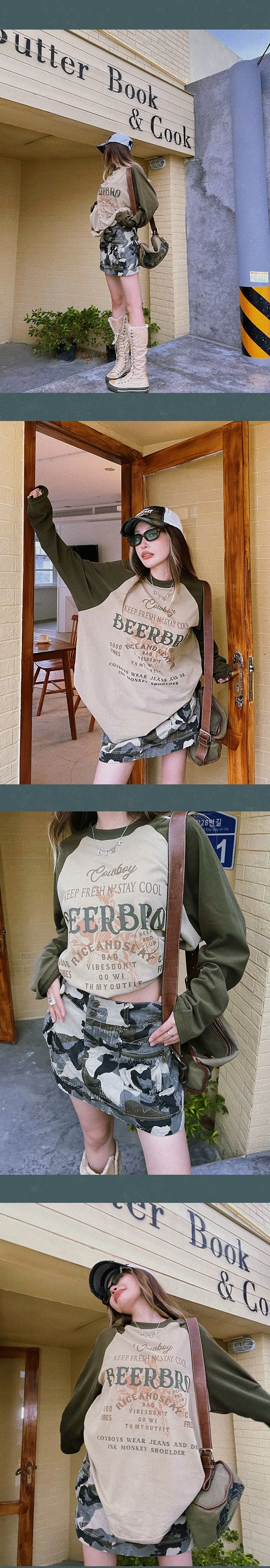 BEERBRO Graphic Letter Print Patchwork Long Sleeve Sweatshirt