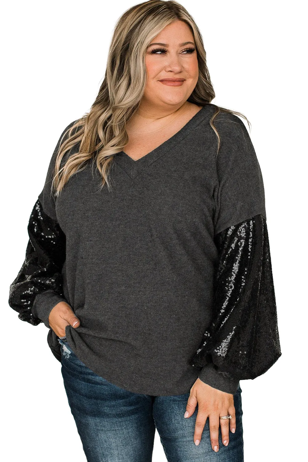 Black Plus Size Sequin Bubble Sleeve V Neck Knit Top