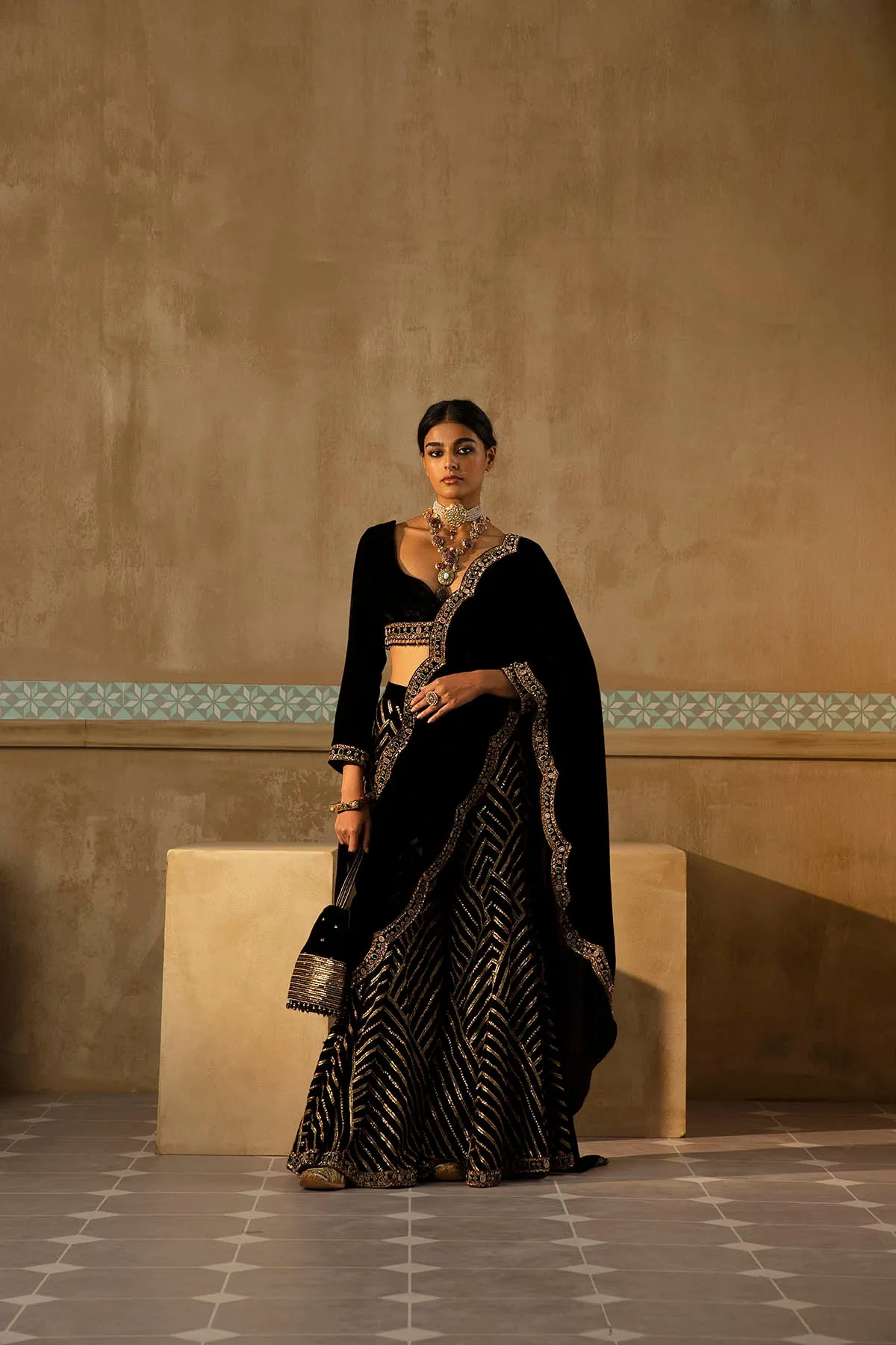 Black Scalloped Drape Sharara Set