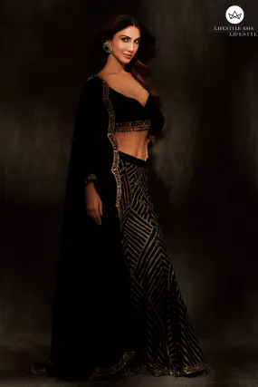 Black Scalloped Drape Sharara Set