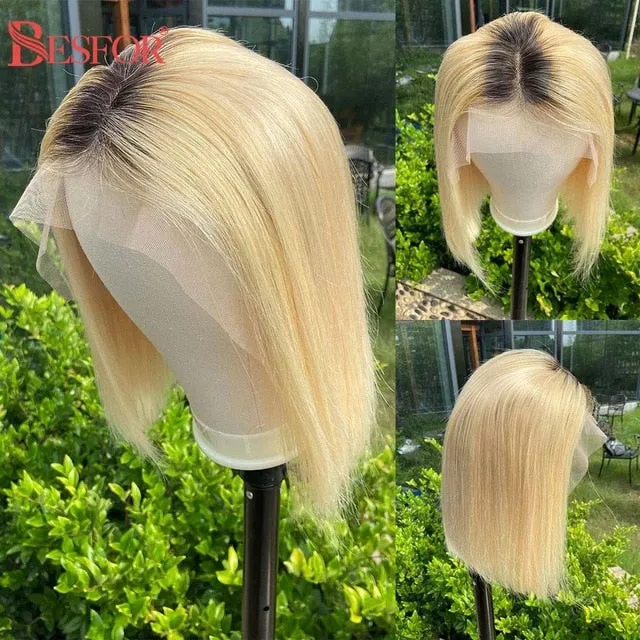 Blonde Human Hair Wig With Brown Roots 13x1 Lace Short Ombre Middle Part Lace Front Wigs Remy 180 Density Pre Plucked For Women