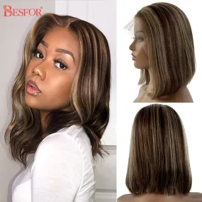 Blonde Human Hair Wig With Brown Roots 13x1 Lace Short Ombre Middle Part Lace Front Wigs Remy 180 Density Pre Plucked For Women