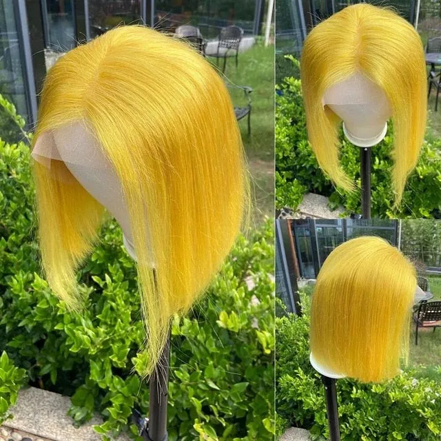 Blonde Human Hair Wig With Brown Roots 13x1 Lace Short Ombre Middle Part Lace Front Wigs Remy 180 Density Pre Plucked For Women