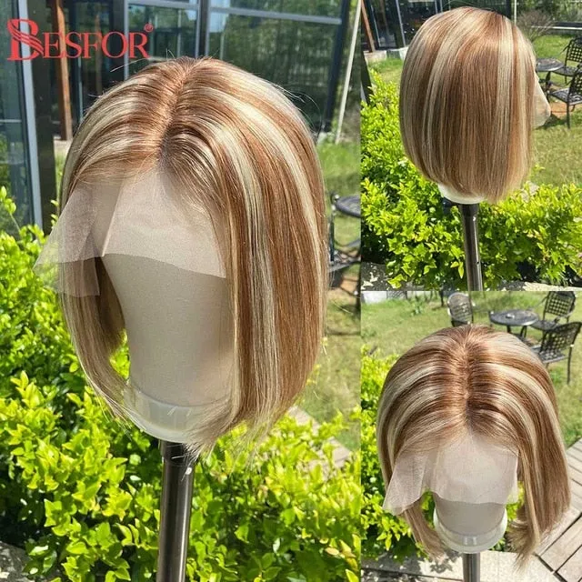 Blonde Human Hair Wig With Brown Roots 13x1 Lace Short Ombre Middle Part Lace Front Wigs Remy 180 Density Pre Plucked For Women