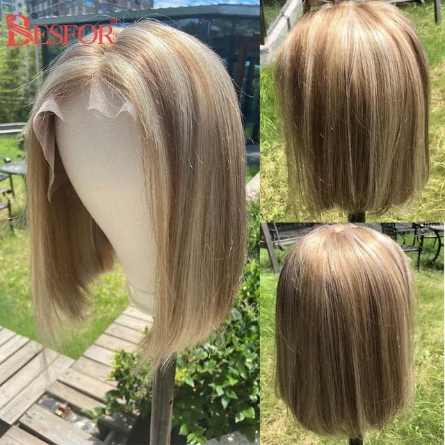 Blonde Human Hair Wig With Brown Roots 13x1 Lace Short Ombre Middle Part Lace Front Wigs Remy 180 Density Pre Plucked For Women