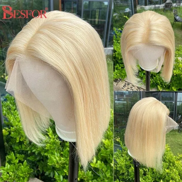 Blonde Human Hair Wig With Brown Roots 13x1 Lace Short Ombre Middle Part Lace Front Wigs Remy 180 Density Pre Plucked For Women