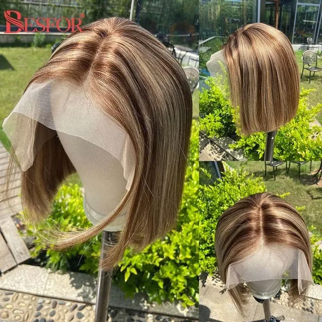 Blonde Human Hair Wig With Brown Roots 13x1 Lace Short Ombre Middle Part Lace Front Wigs Remy 180 Density Pre Plucked For Women
