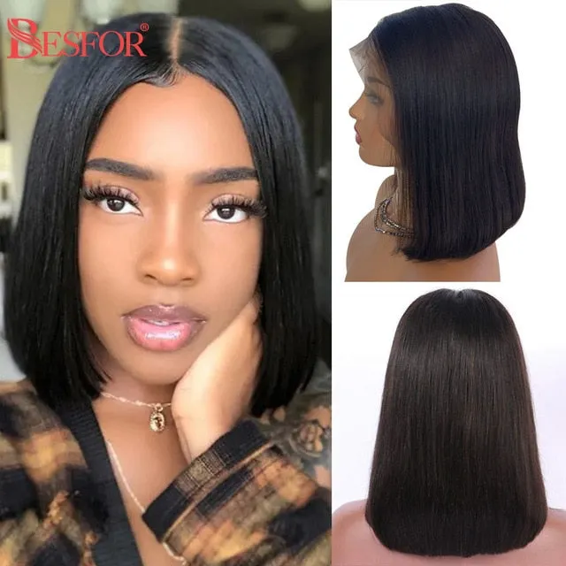 Blonde Human Hair Wig With Brown Roots 13x1 Lace Short Ombre Middle Part Lace Front Wigs Remy 180 Density Pre Plucked For Women