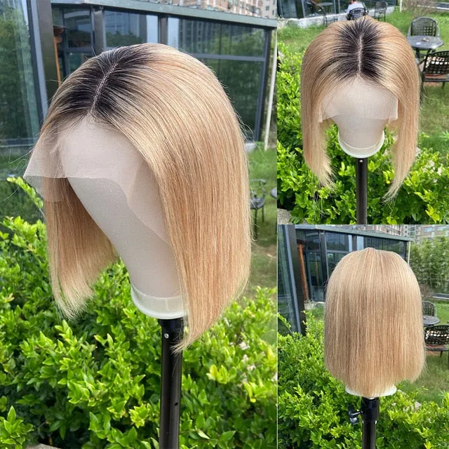 Blonde Human Hair Wig With Brown Roots 13x1 Lace Short Ombre Middle Part Lace Front Wigs Remy 180 Density Pre Plucked For Women