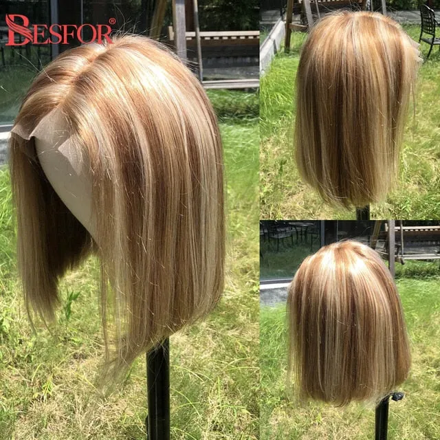 Blonde Human Hair Wig With Brown Roots 13x1 Lace Short Ombre Middle Part Lace Front Wigs Remy 180 Density Pre Plucked For Women