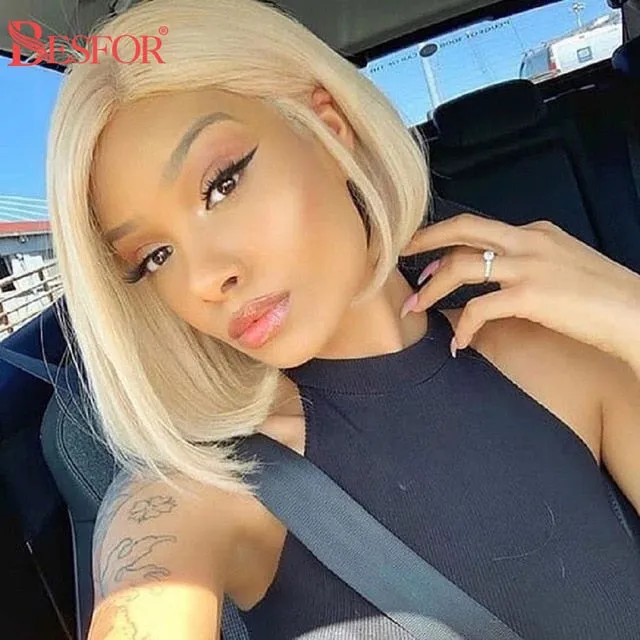 Blonde Human Hair Wig With Brown Roots 13x1 Lace Short Ombre Middle Part Lace Front Wigs Remy 180 Density Pre Plucked For Women