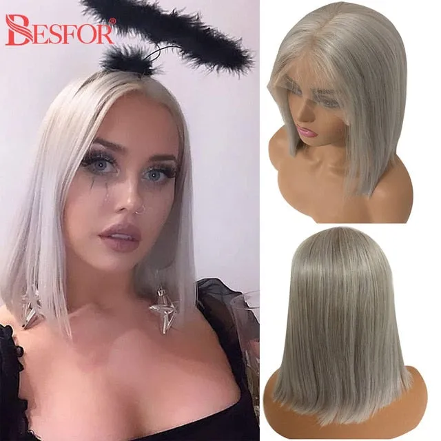 Blonde Human Hair Wig With Brown Roots 13x1 Lace Short Ombre Middle Part Lace Front Wigs Remy 180 Density Pre Plucked For Women