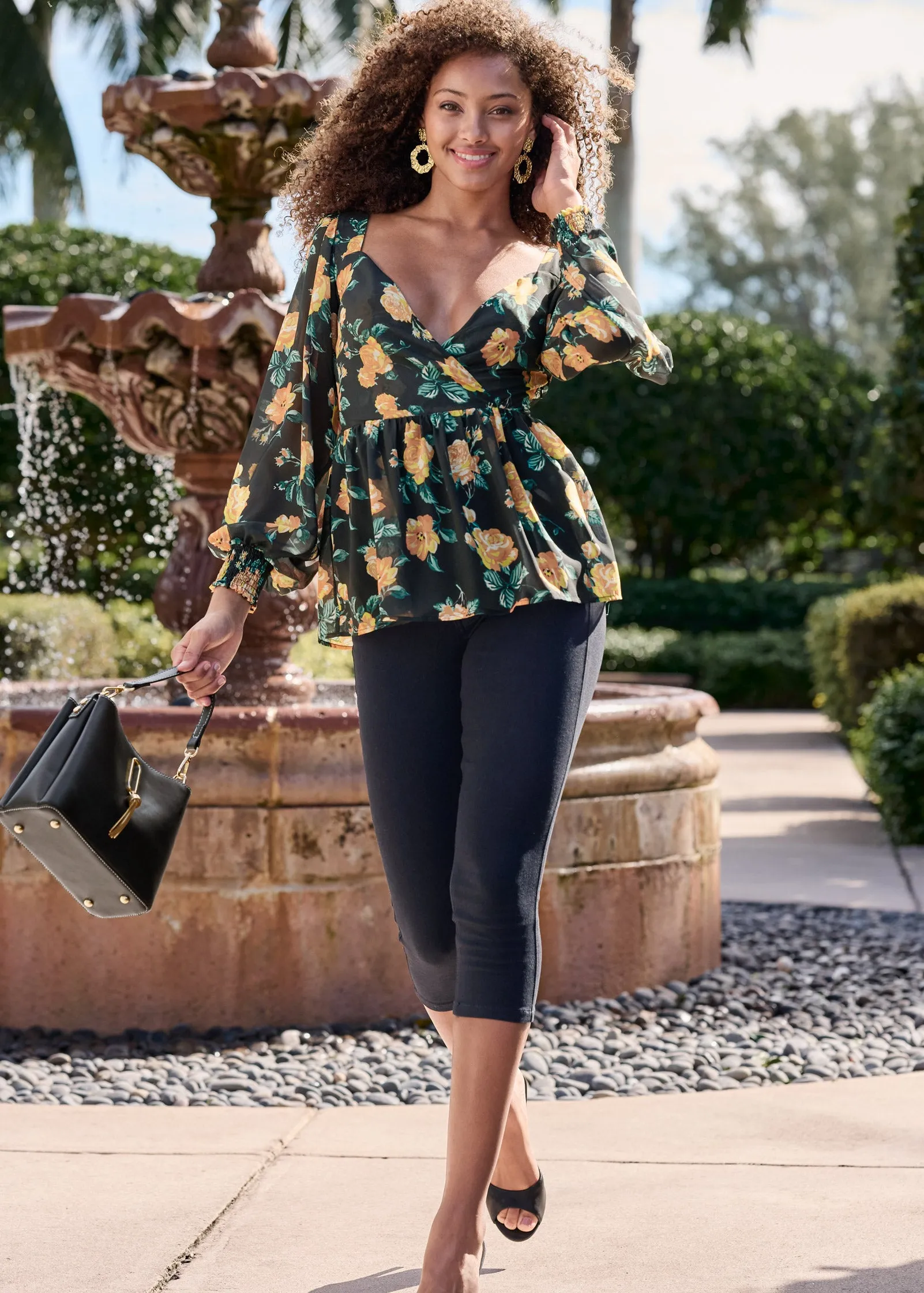 Blooming Roses Lace-Up Blouse - Black Multi