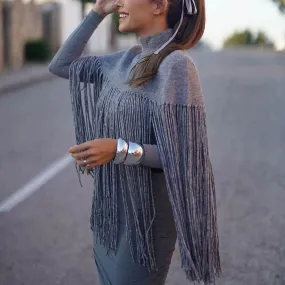 Bohemian Style Rib Knit High Neck Macrame Fringe Trim Pullover Cape Sweater