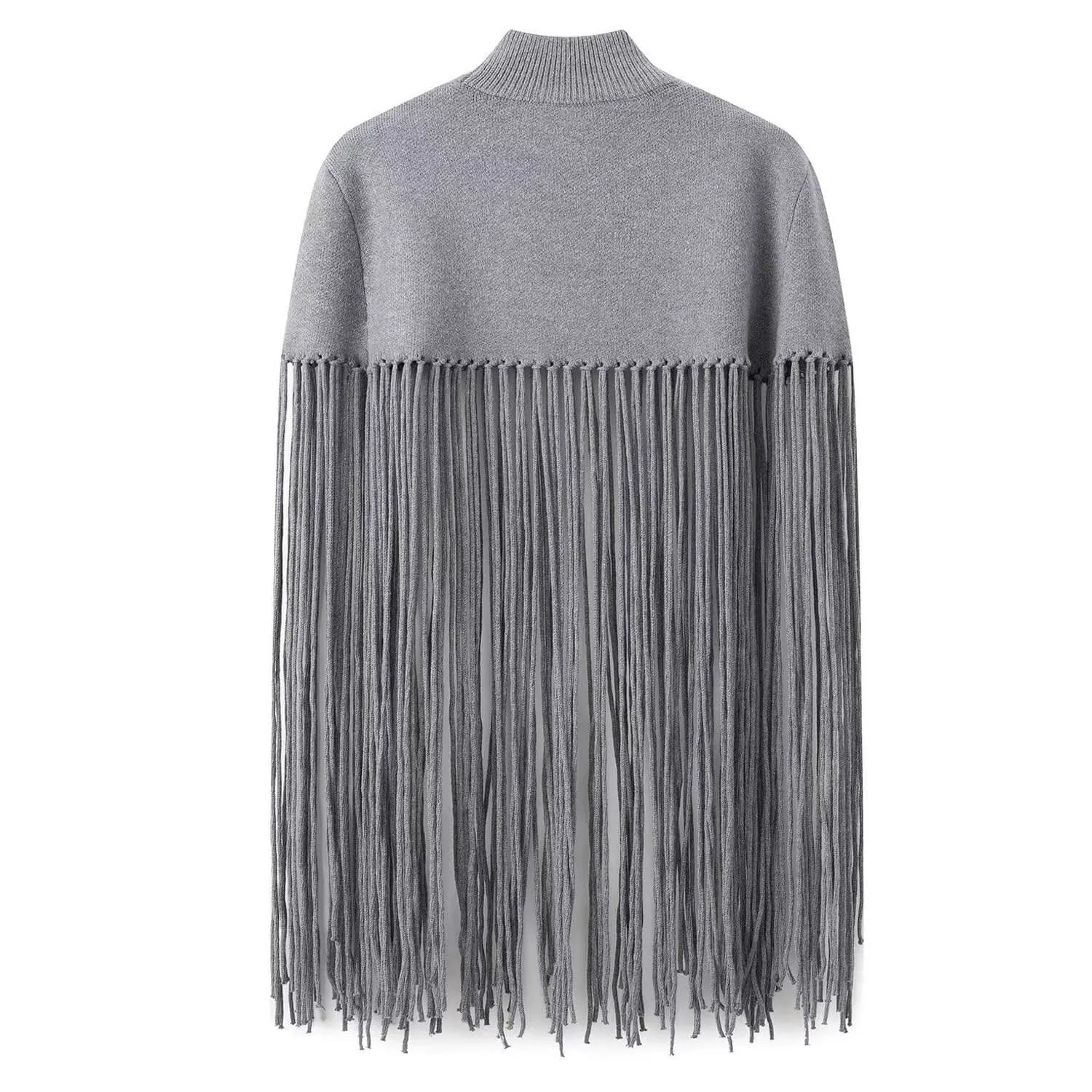 Bohemian Style Rib Knit High Neck Macrame Fringe Trim Pullover Cape Sweater