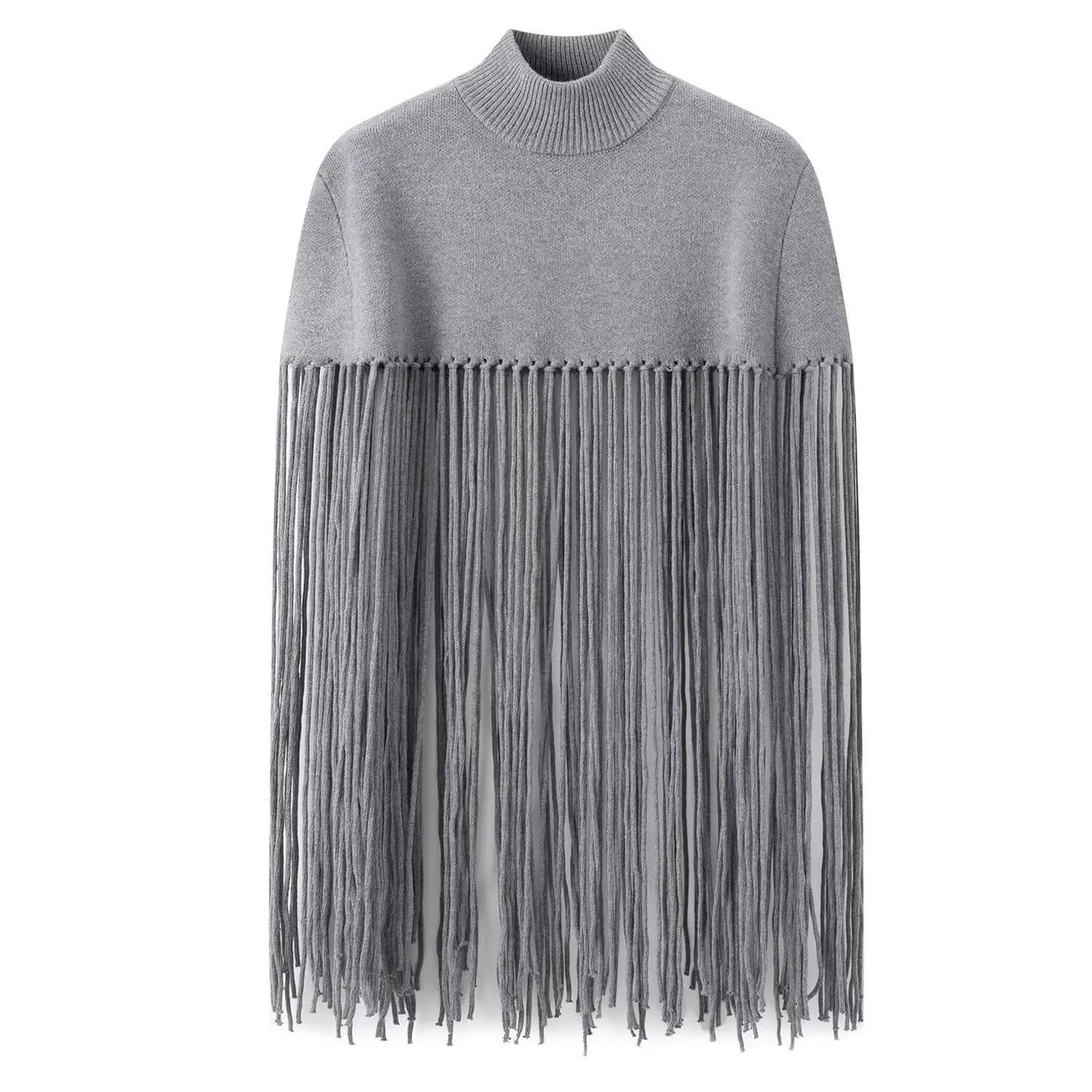 Bohemian Style Rib Knit High Neck Macrame Fringe Trim Pullover Cape Sweater