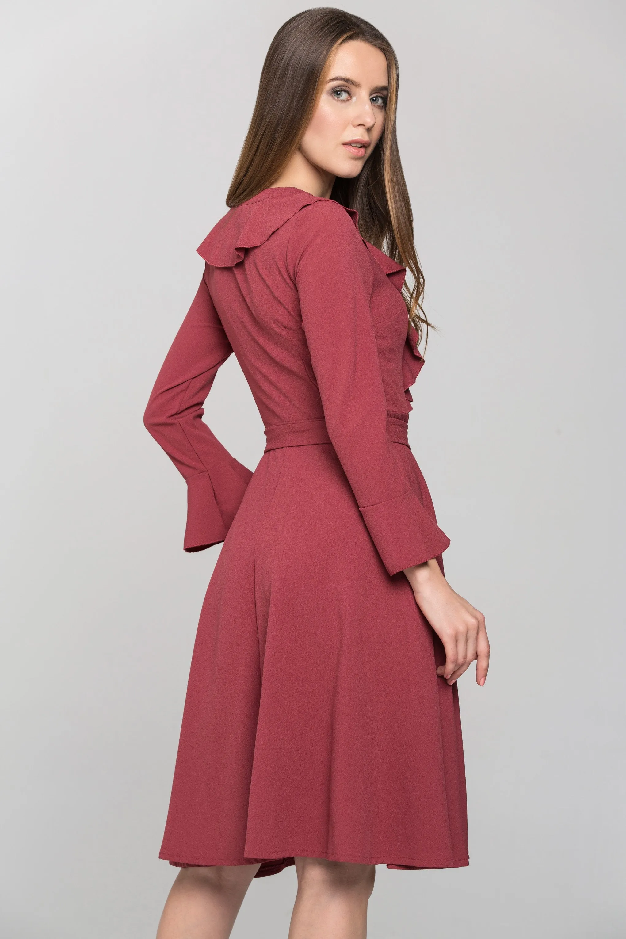 Brick Red Ruffled Gabot Midi Dress