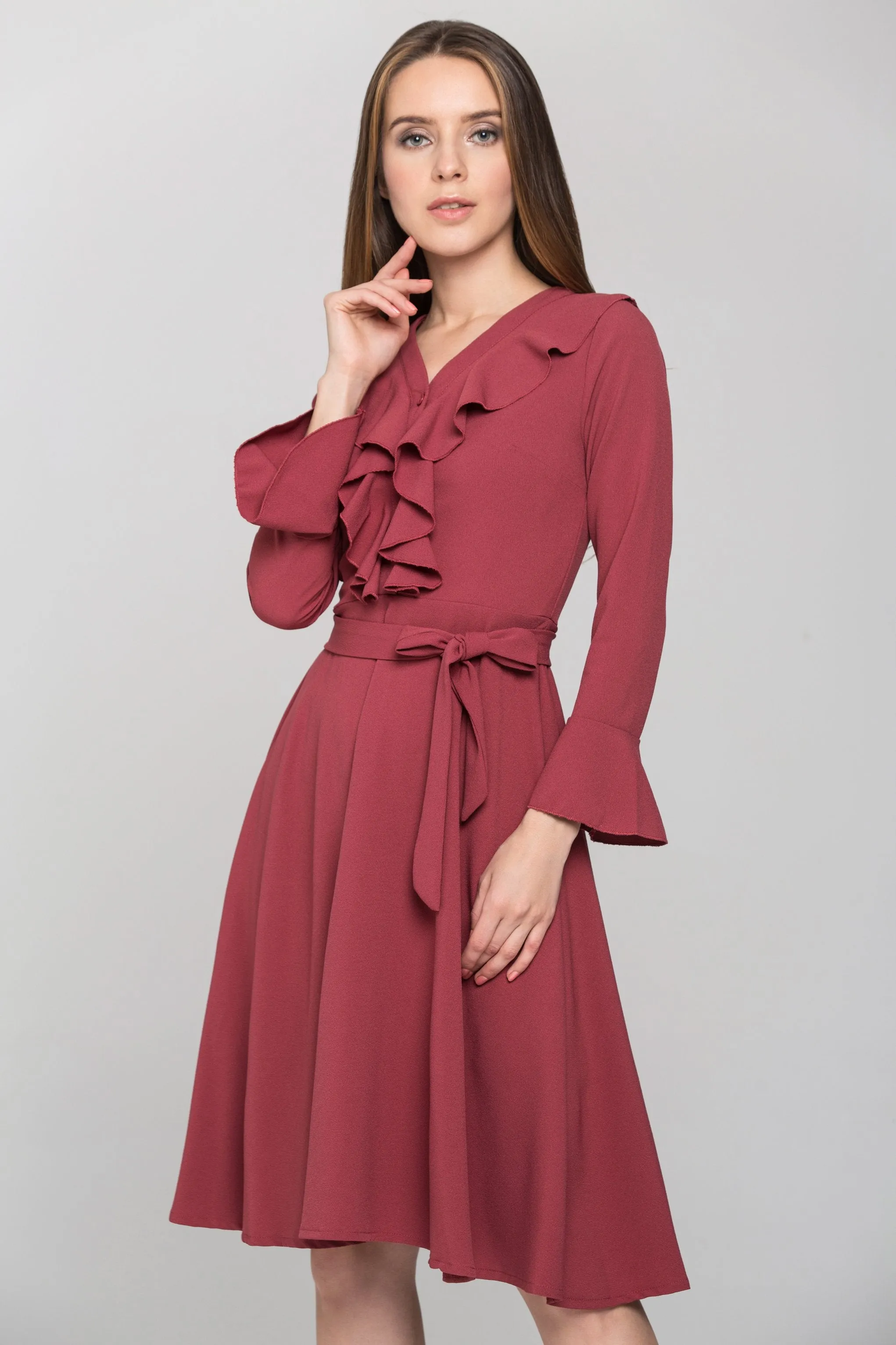Brick Red Ruffled Gabot Midi Dress
