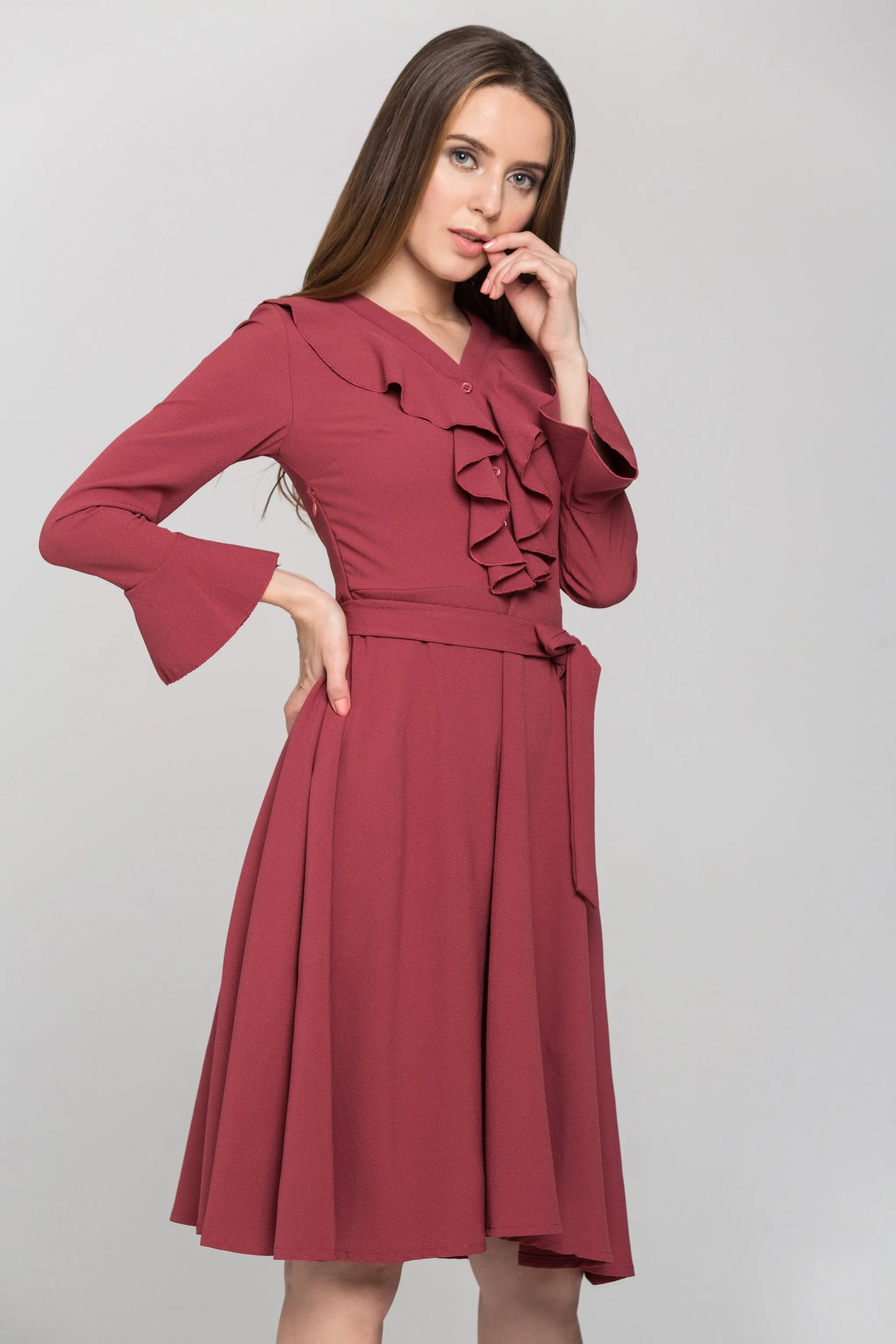 Brick Red Ruffled Gabot Midi Dress