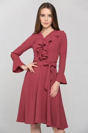 Brick Red Ruffled Gabot Midi Dress