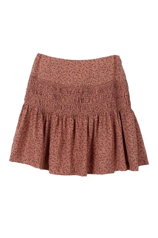 Brown Ruffle Floral Smocked Skirt