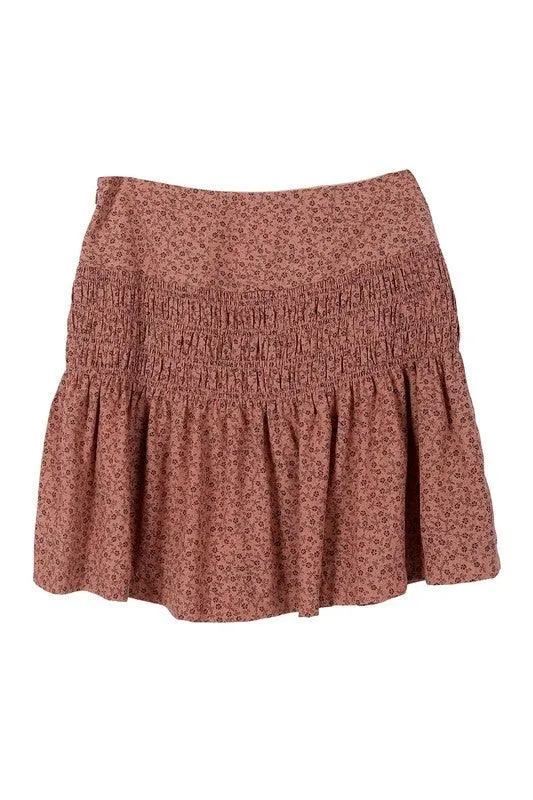 Brown Ruffle Floral Smocked Skirt