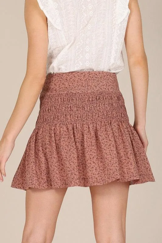 Brown Ruffle Floral Smocked Skirt