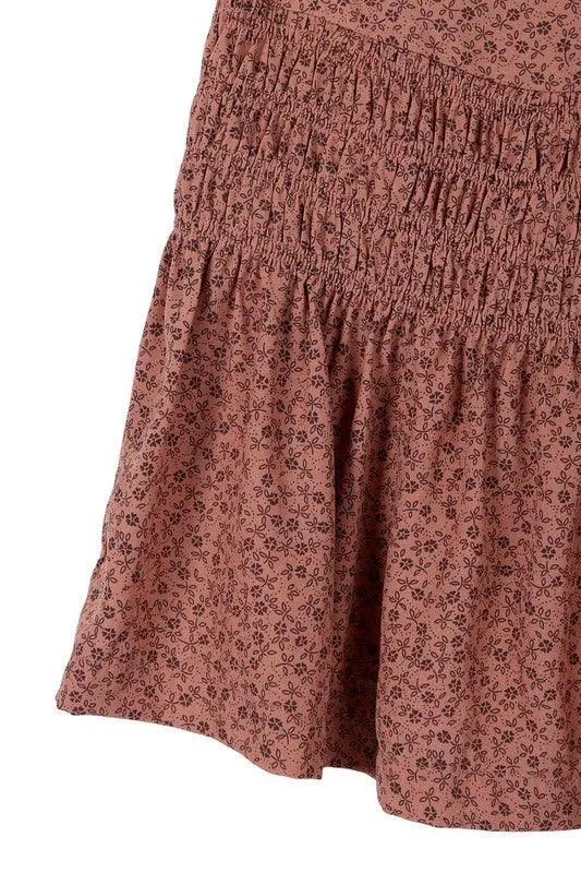 Brown Ruffle Floral Smocked Skirt
