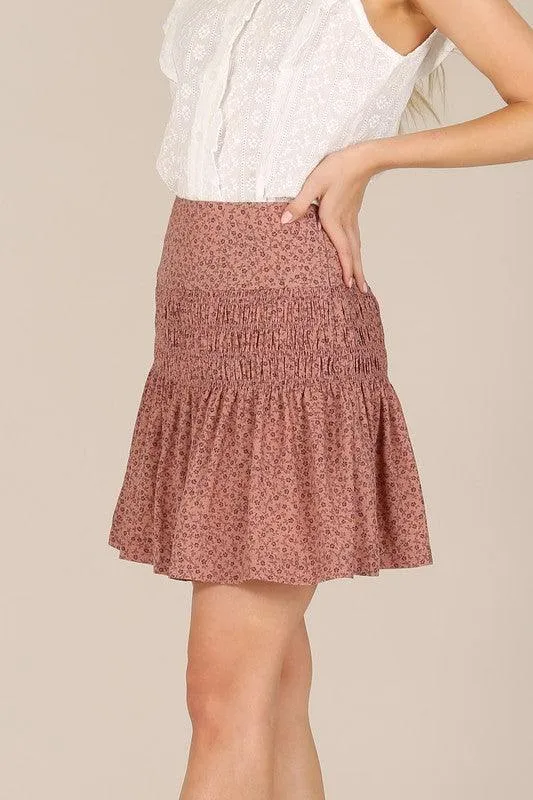Brown Ruffle Floral Smocked Skirt