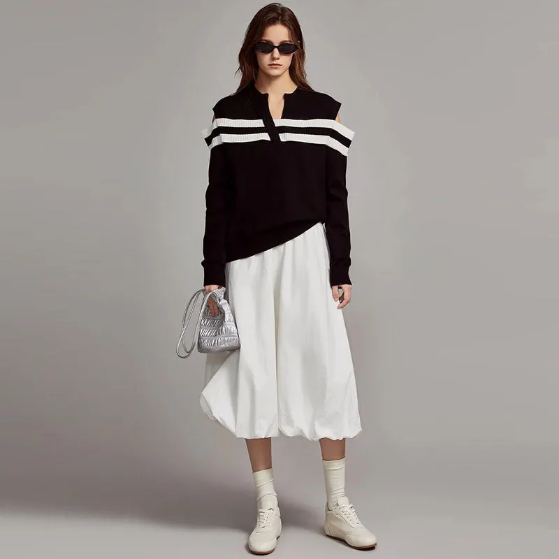 Chic V Neck Black and White Striped Cold Shoulder Long Sleeve Rib Knit Sweater