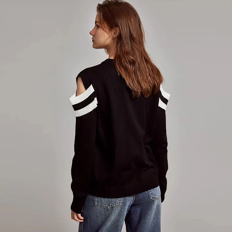 Chic V Neck Black and White Striped Cold Shoulder Long Sleeve Rib Knit Sweater