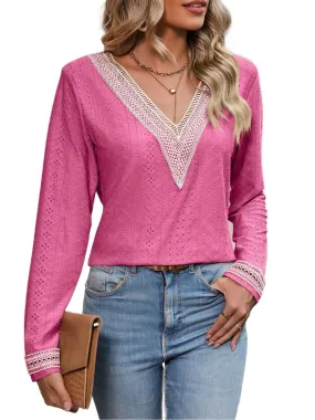 Contrast V-Neck Eyelet Long Sleeve Top
