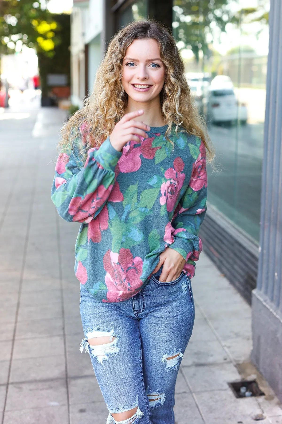 Everyday Hunter Green Floral Brushed Hacci Sweater Top (Open Pack)