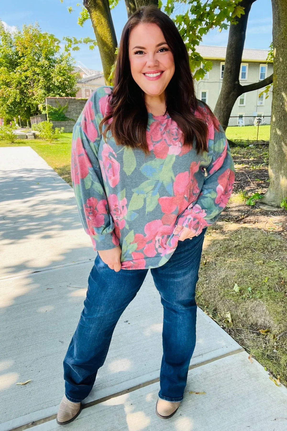 Everyday Hunter Green Floral Brushed Hacci Sweater Top (Open Pack)