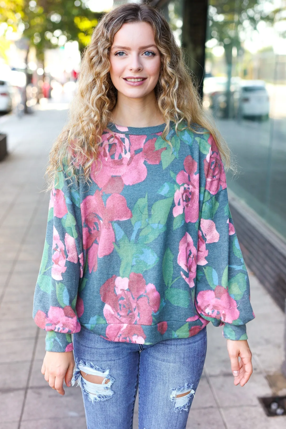Everyday Hunter Green Floral Brushed Hacci Sweater Top (Open Pack)